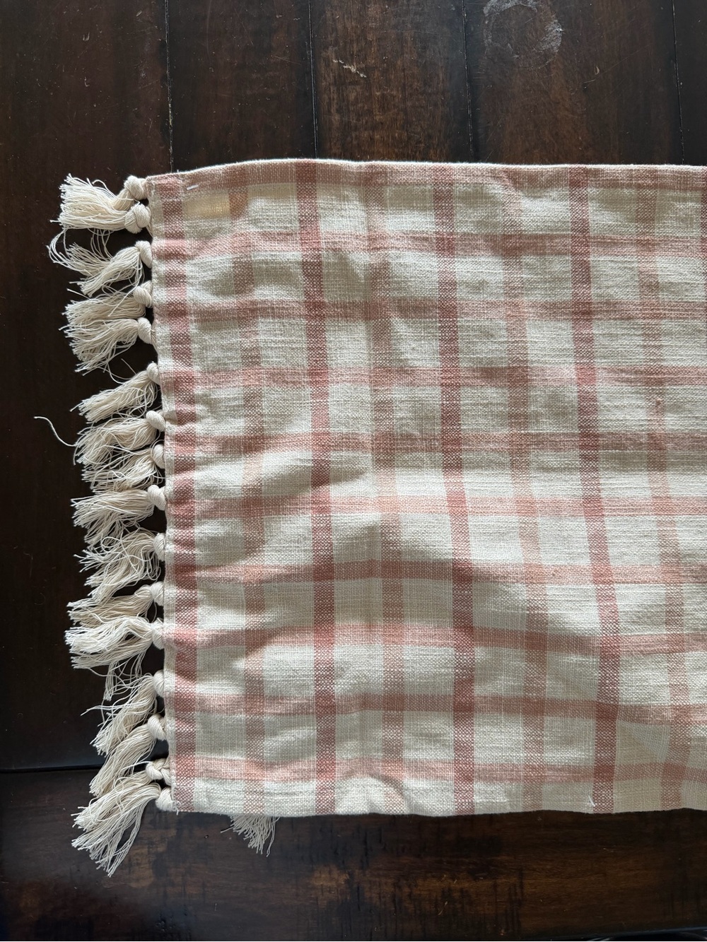 Threshold table runner.  Soft Pink Plaid with Tassels